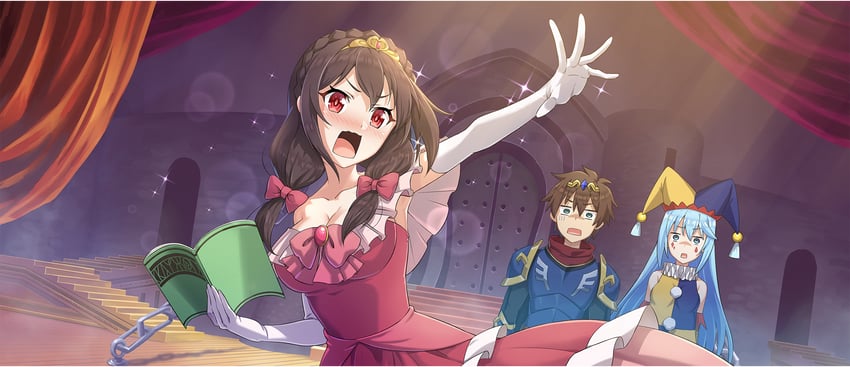 aqua, satou kazuma, yunyun, and mitsurugi kyouya (kono subarashii sekai ni shukufuku wo! and 1 more)