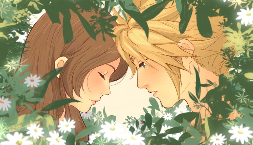 cloud strife and aerith gainsborough (final fantasy and 3 more) drawn by softp3ach