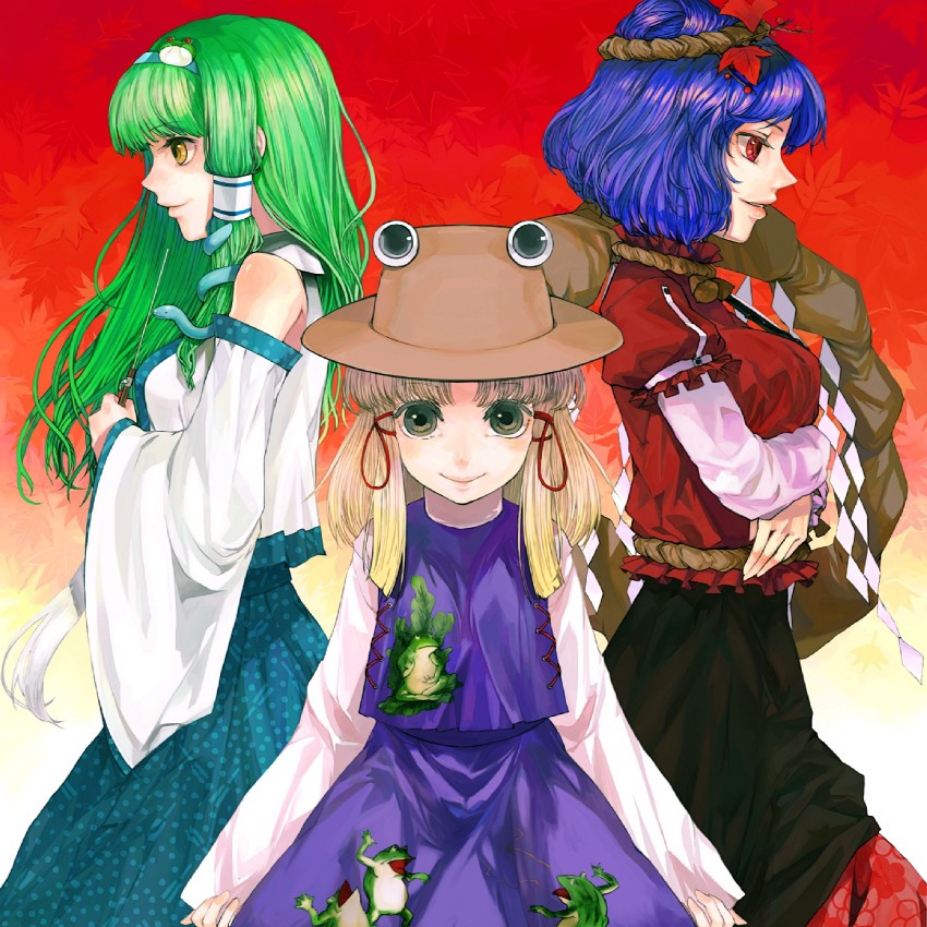 kochiya sanae, moriya suwako, and yasaka kanako (touhou) drawn by xero