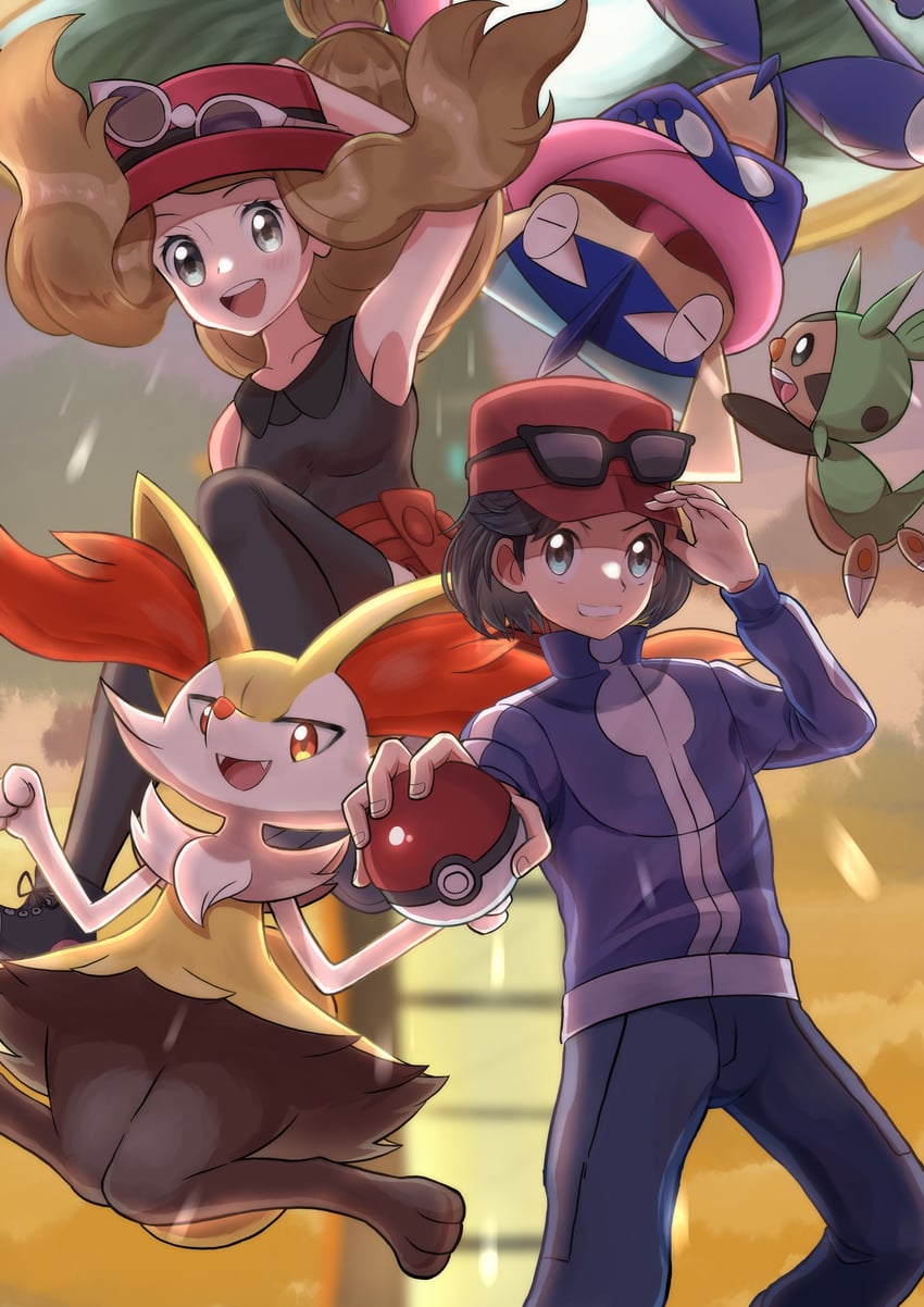 serena, calem, braixen, greninja, and chespin (pokemon and 1 more) drawn by dosya_252