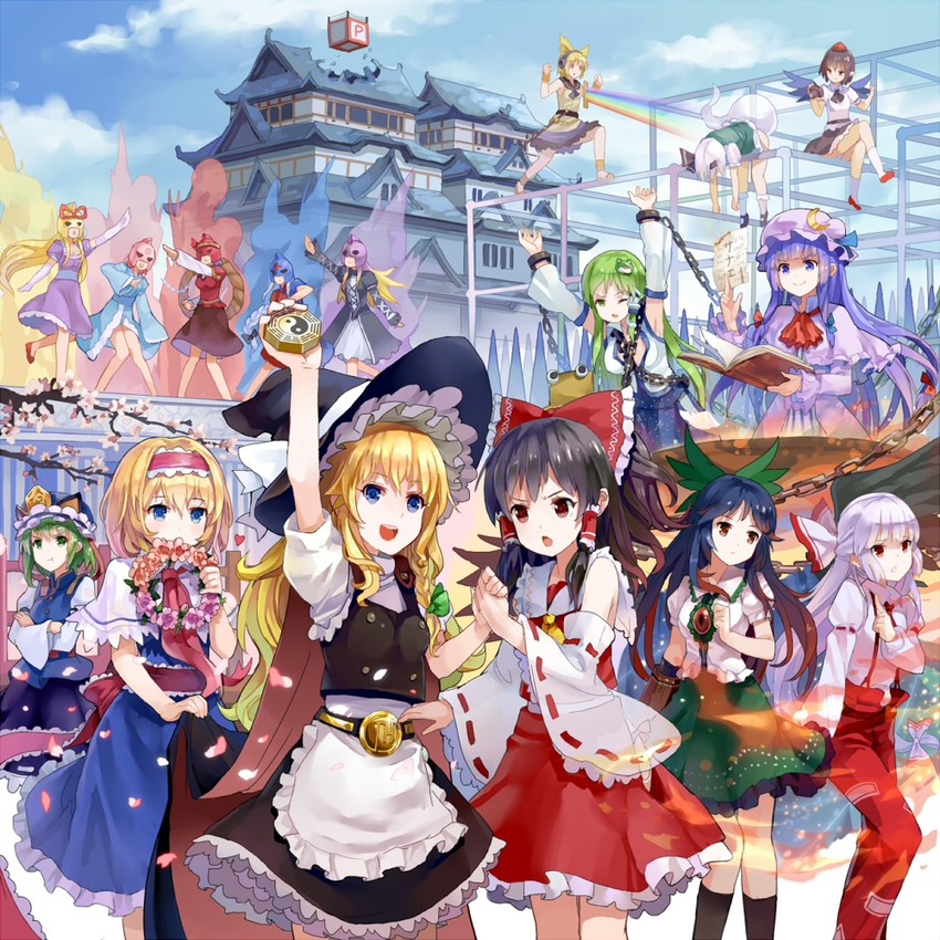 hakurei reimu, kirisame marisa, kochiya sanae, konpaku youmu, alice margatroid, and 12 more (touhou) drawn by 77gl