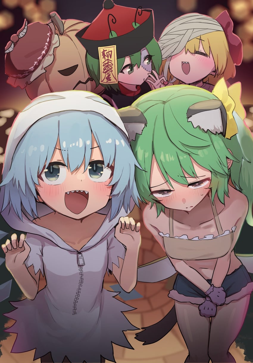 cirno, rumia, mystia lorelei, daiyousei, and wriggle nightbug (touhou) drawn by gomeifuku
