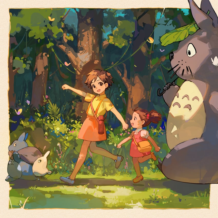 totoro, kusakabe satsuki, kusakabe mei, chibi totoro, and chuu totoro (tonari no totoro) drawn by ciloranko