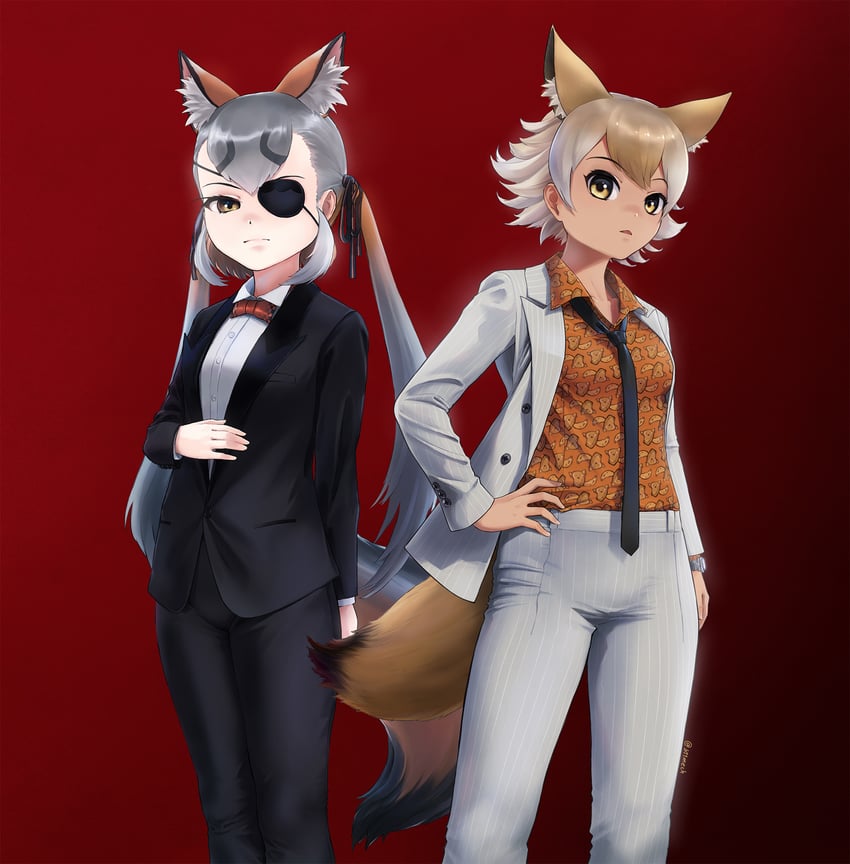 island fox, coyote, kiryu kazuma, and majima goro (kemono friends and 3 more) drawn by beleven