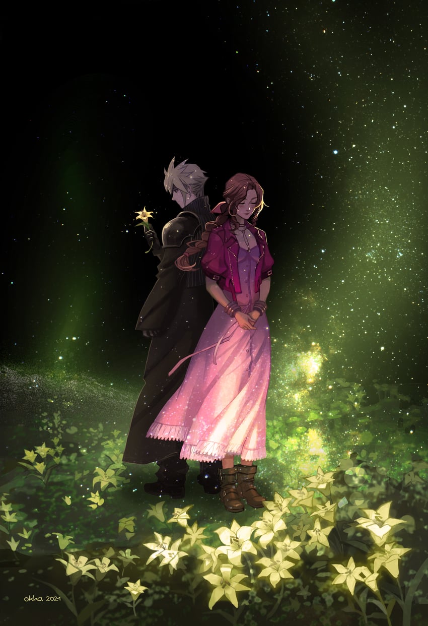 cloud strife and aerith gainsborough (final fantasy and 3 more) drawn by okha