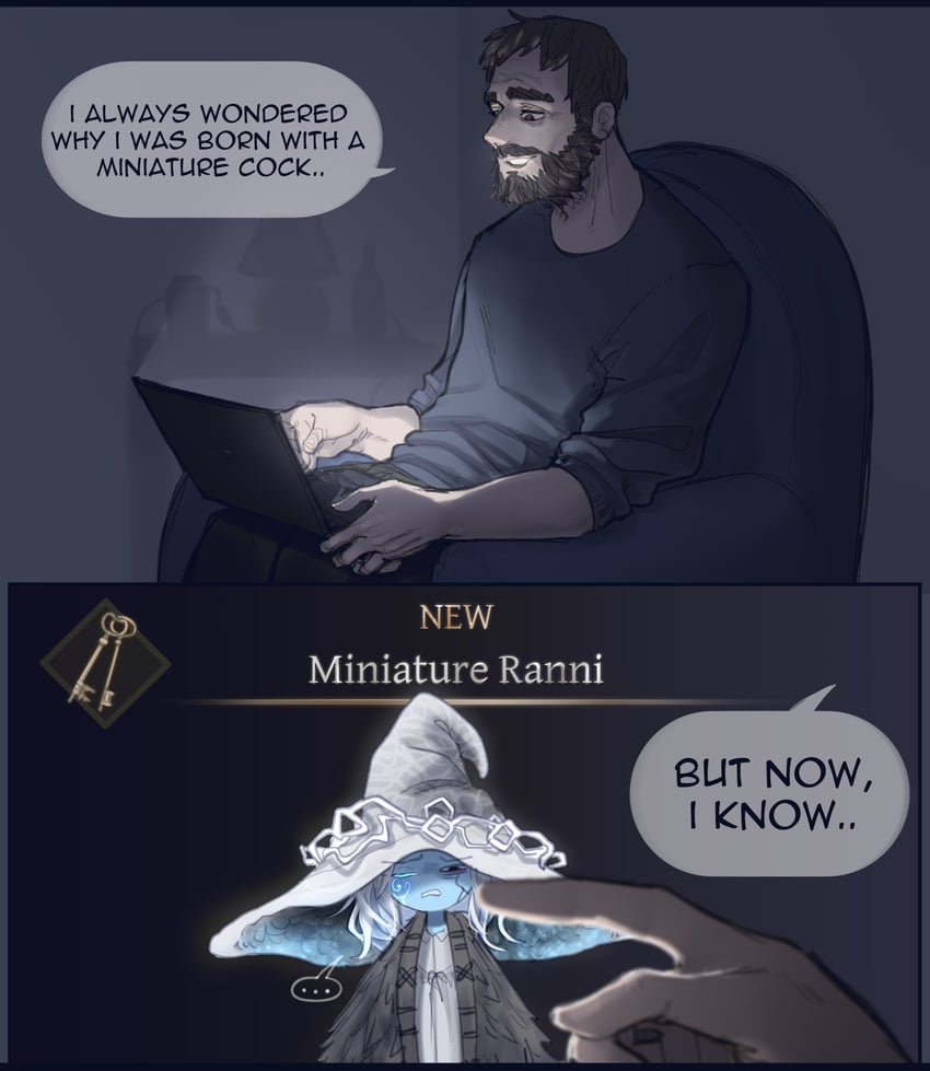 ranni the witch, miniature ranni, and sophie's father (original and 1 more) drawn by popopoka