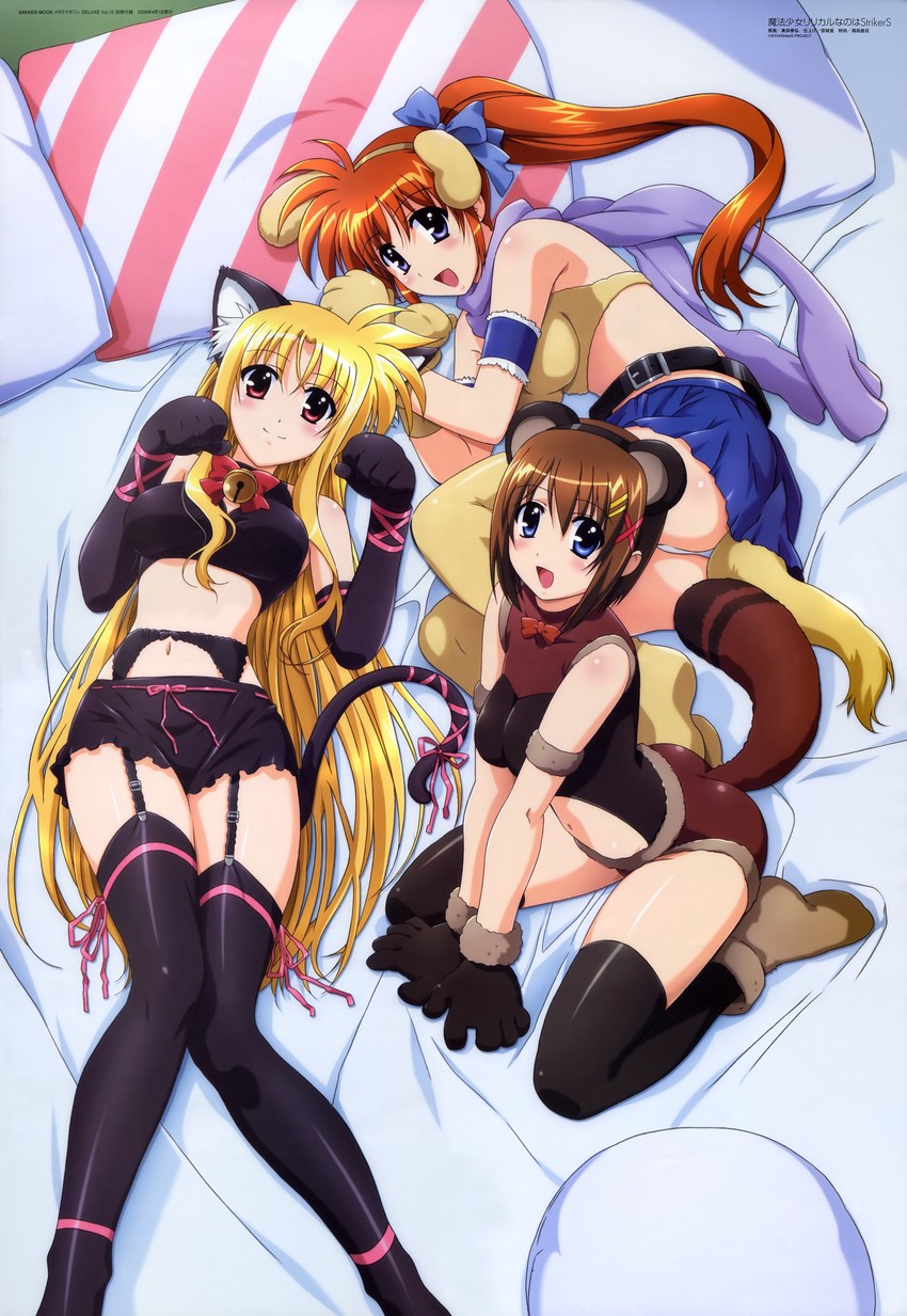 fate testarossa, takamachi nanoha, and yagami hayate (lyrical nanoha and 2 more) drawn by okuda_yasuhiro