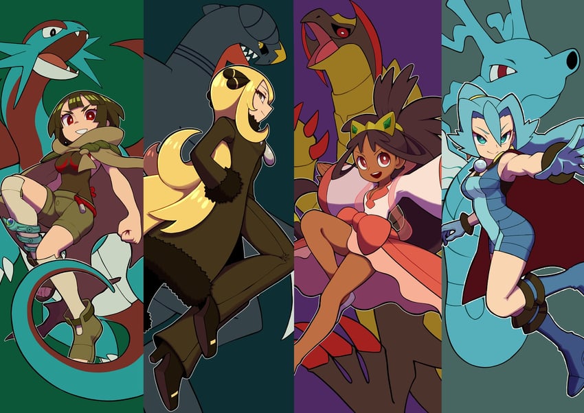 cynthia, iris, garchomp, zinnia, clair, and 3 more (pokemon and 4 more) drawn by bear_ringer