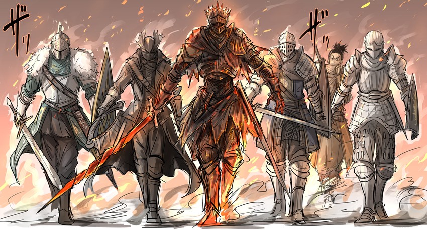 hunter, sekiro, chosen undead, bearer of the curse, slayer of demons, and 1 more (dark souls and 6 more) drawn by kankan33333