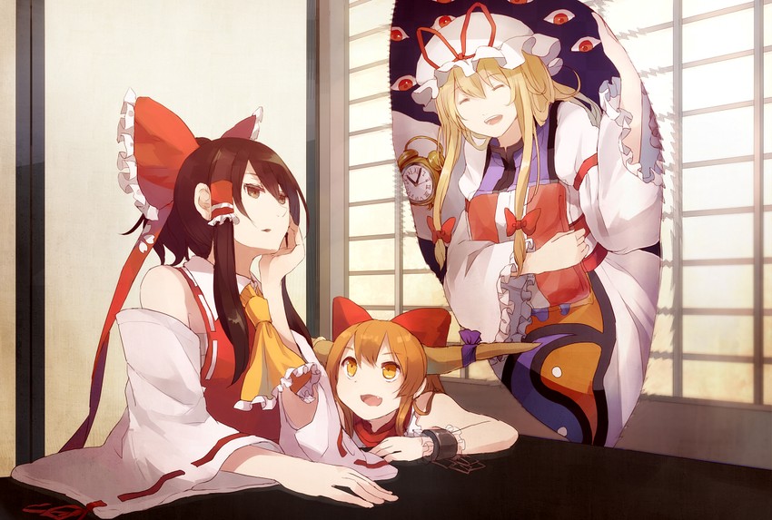 hakurei reimu, yakumo yukari, and ibuki suika (touhou) drawn by 60mai