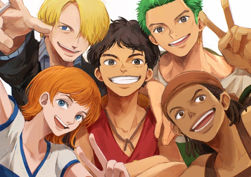 nami, monkey d. luffy, roronoa zoro, sanji, and usopp (one piece) drawn by oekakiboya