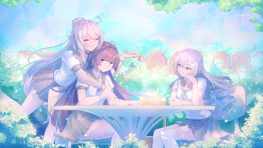 kiana kaslana, raiden mei, and bronya zaychik (honkai and 1 more) drawn by caisena