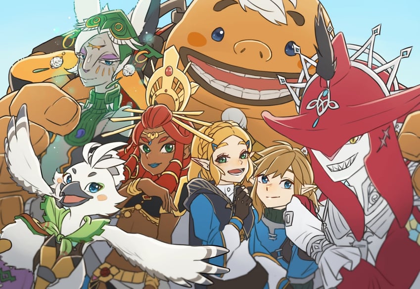 link, princess zelda, sidon, riju, tulin, and 2 more (the legend of zelda and 1 more) drawn by maya_(mayamayammy)