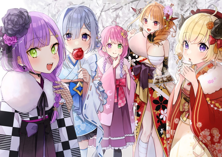 tokoyami towa, amane kanata, kiryu coco, tsunomaki watame, and himemori luna (hololive) drawn by omaru_(0marufestival)