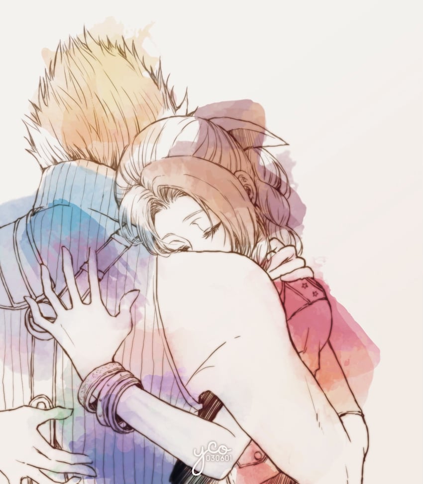 cloud strife and aerith gainsborough (final fantasy and 2 more) drawn by yco_030601
