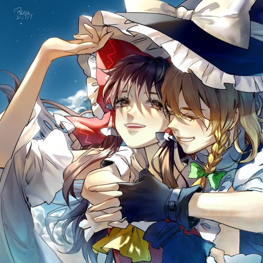 hakurei reimu and kirisame marisa (touhou) drawn by aihara-rina
