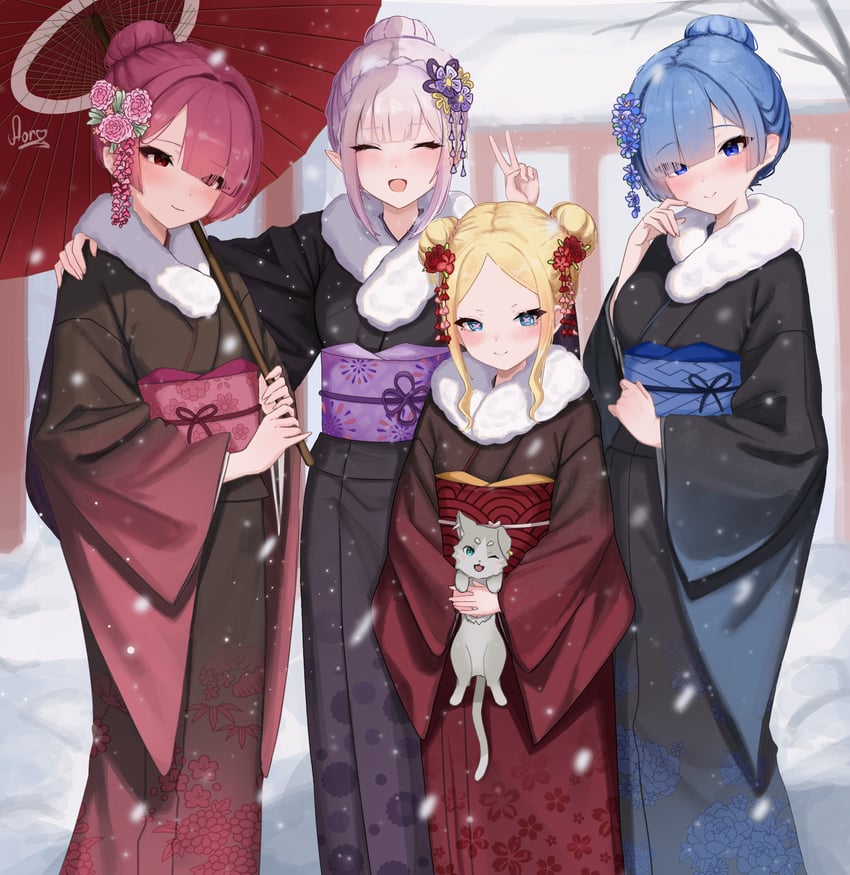 rem, emilia, ram, beatrice, and puck (re:zero kara hajimeru isekai seikatsu) drawn by aori_(aori.chu)
