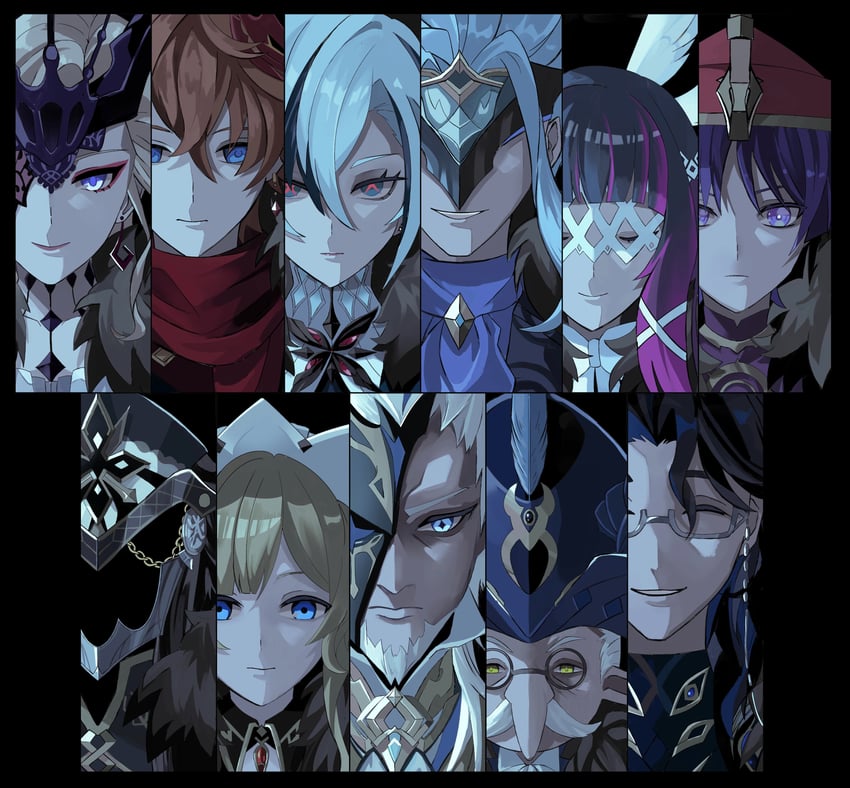 scaramouche, tartaglia, arlecchino, columbina, signora, and 6 more (genshin impact) drawn by shiba_(tonari_no_shiba_inu)