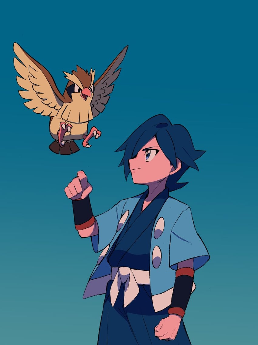 pidgey and falkner (pokemon and 1 more) drawn by tyako_089