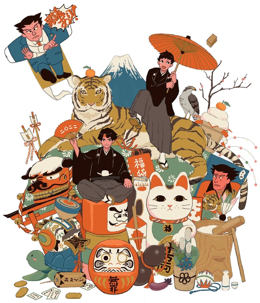 phoenix wright, ryunosuke naruhodo, kazuma asogi, and furio tigre (ace attorney and 1 more) drawn by 23011620x