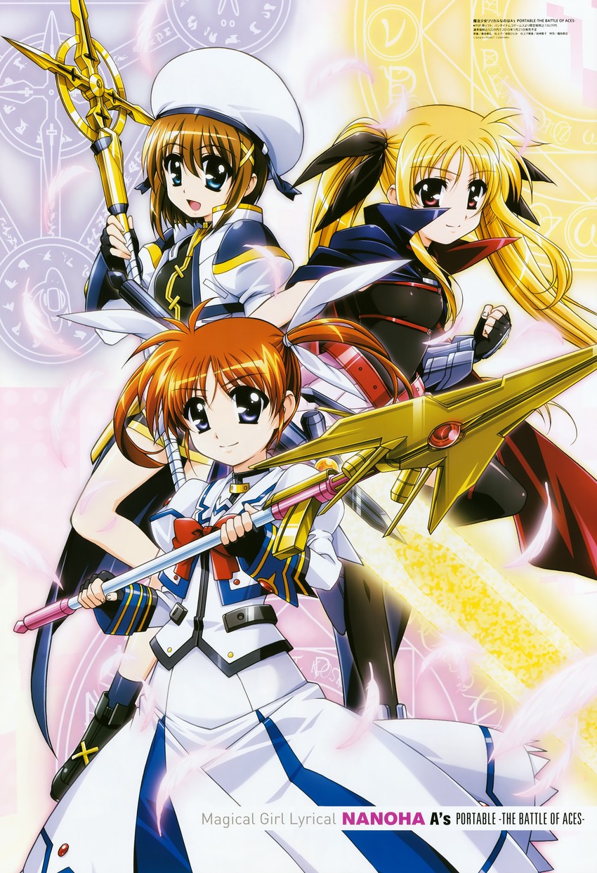 fate testarossa, takamachi nanoha, yagami hayate, raising heart, bardiche, and 1 more (lyrical nanoha and 4 more) drawn by okuda_yasuhiro