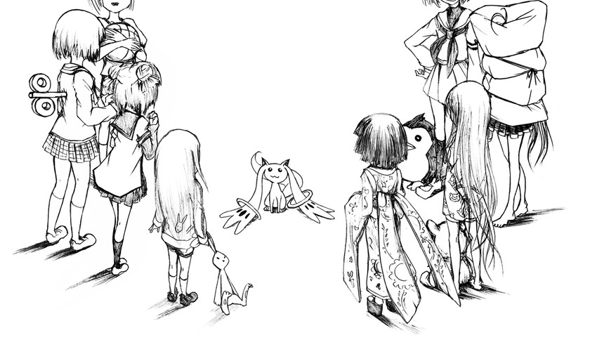 kyubey, akaza akari, shinonome nano, touwa erio, oginome ringo, and 4 more (mahou shoujo madoka magica and 8 more) drawn by lolita_majin
