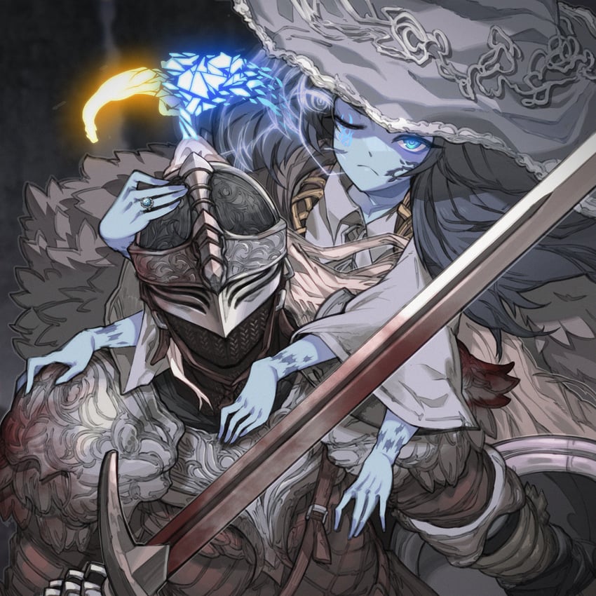 ranni the witch, tarnished, and bloody wolf (elden ring and 1 more) drawn by orangekun0807