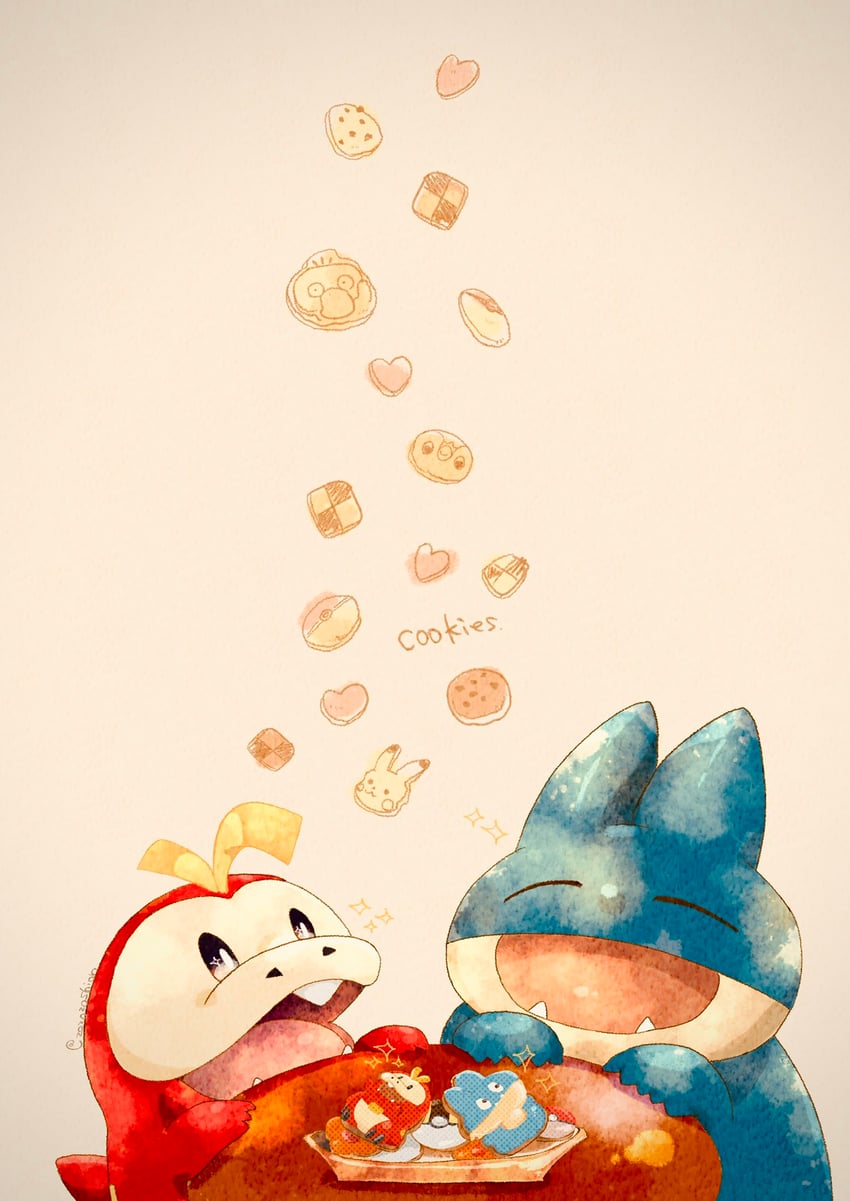 pikachu, piplup, fuecoco, psyduck, and munchlax (pokemon) drawn by zozozoshion