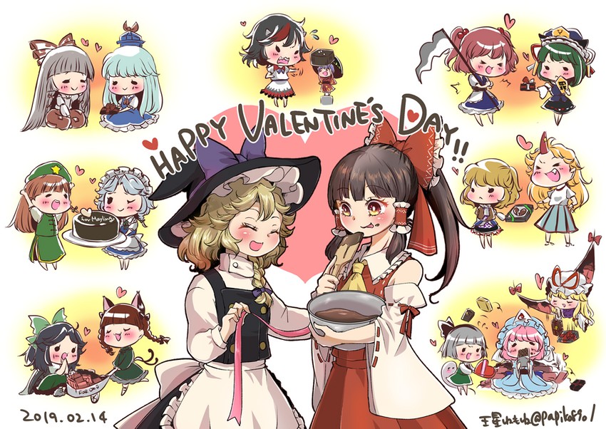 hakurei reimu, kirisame marisa, izayoi sakuya, konpaku youmu, yakumo yukari, and 12 more (touhou) drawn by papiko_(papiko8901)