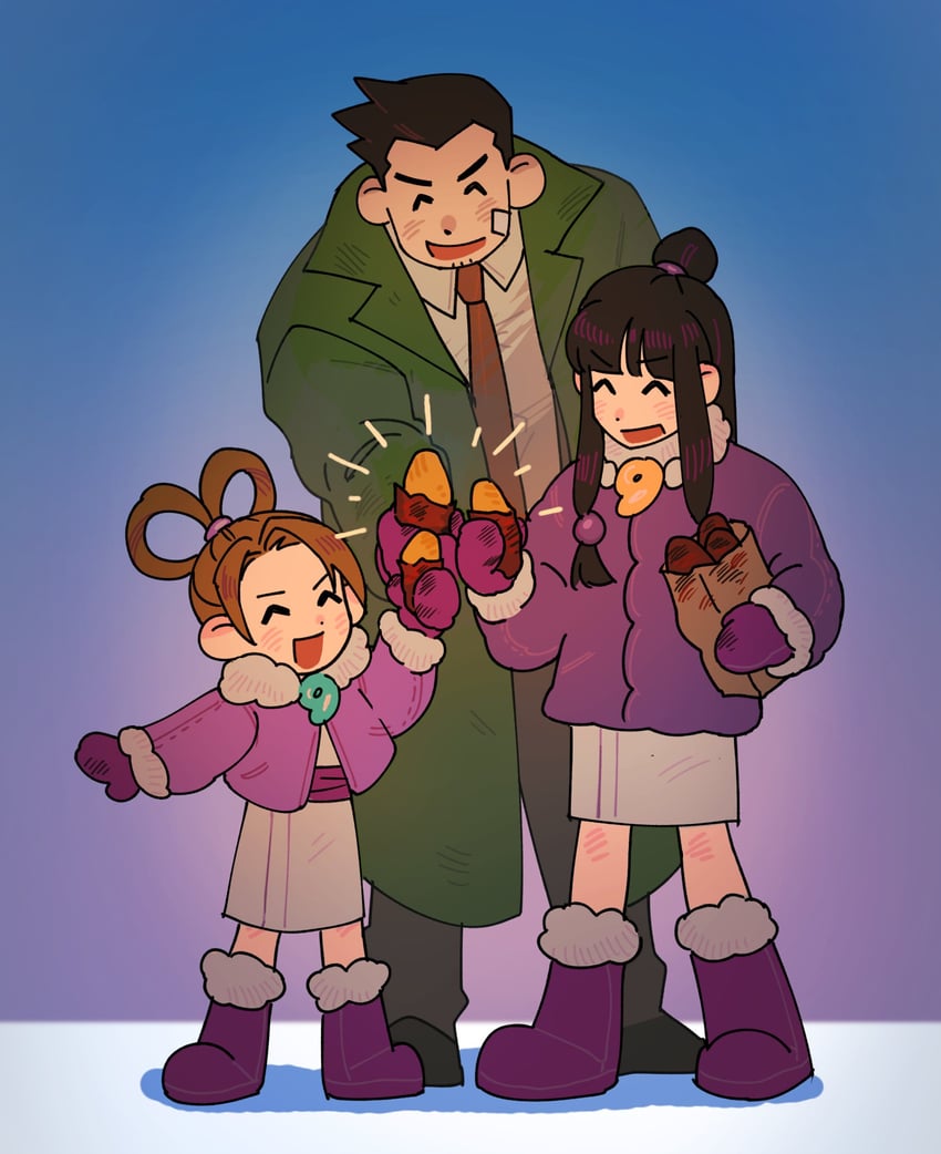 maya fey, dick gumshoe, and pearl fey (ace attorney) drawn by shooong