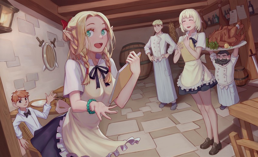 marcille donato, falin touden, laios touden, senshi, and chilchuck tims (dungeon meshi and 1 more) drawn by yashi_kano_ko