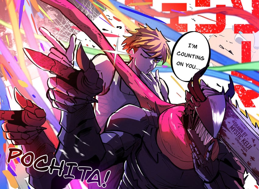 denji, pochita, toudou aoi, and chainsaw devil (chainsaw man and 1 more) drawn by mystickeiji24