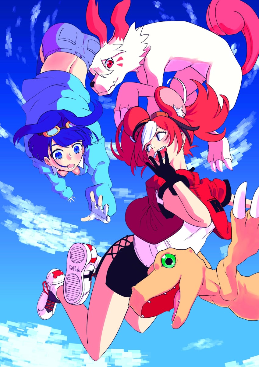 ouro kronii, hakos baelz, agumon, and labramon (hololive and 2 more) drawn by zero_(muftisaili)