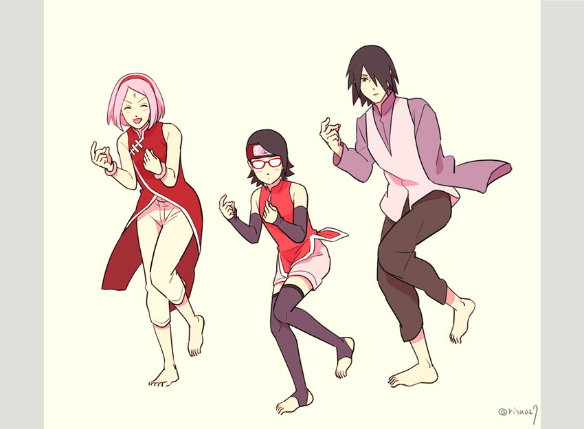haruno sakura, uchiha sasuke, and uchiha sarada (naruto) drawn by risuo