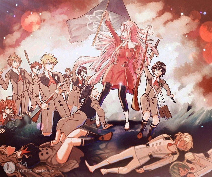 zero two, hiro, ichigo, kokoro, gorou, and 7 more (darling in the franxx and 1 more) drawn by jieqialice