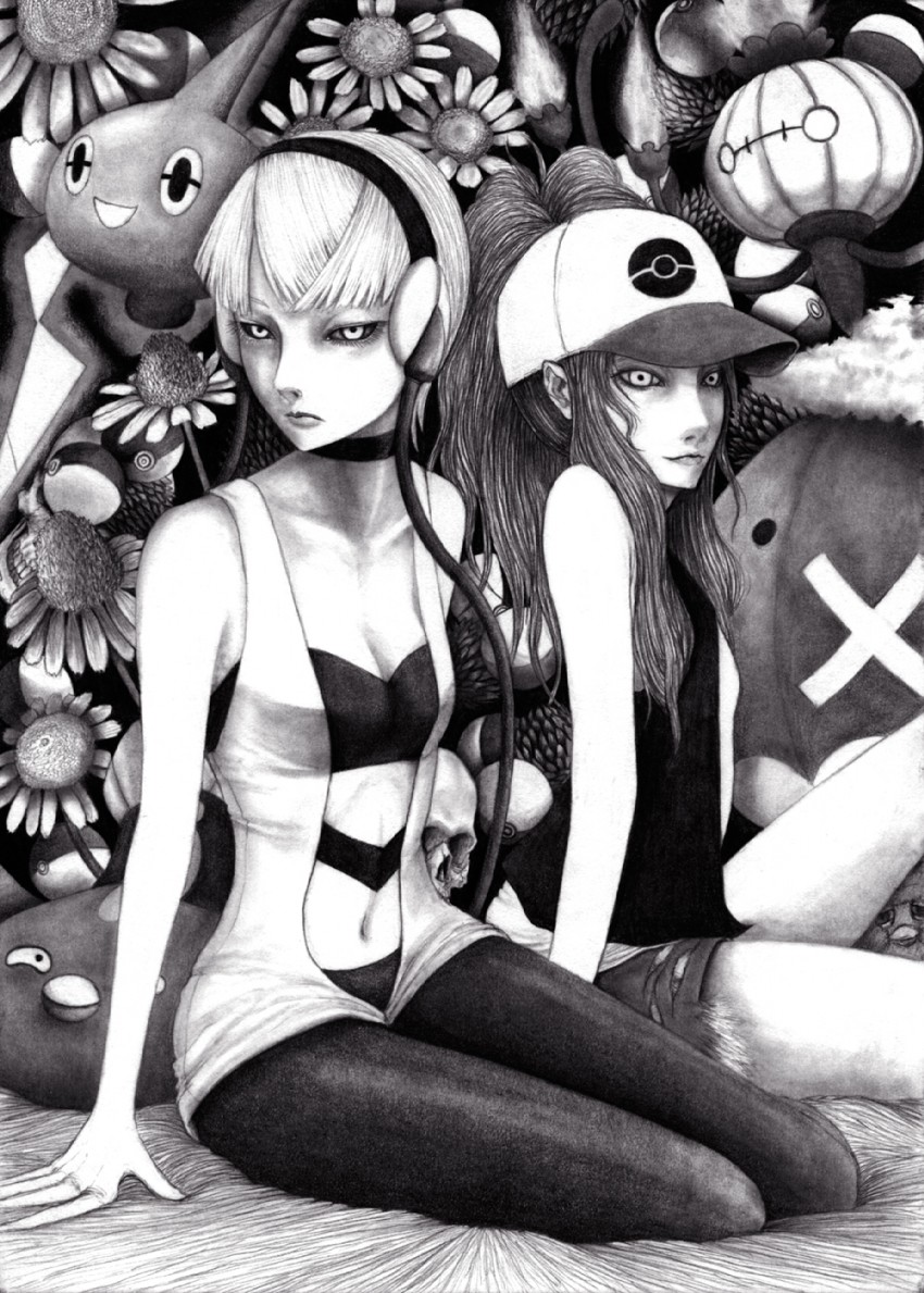 hilda, rotom, elesa, chandelure, drifblim, and 2 more (pokemon and 2 more) drawn by hane_(azelye)