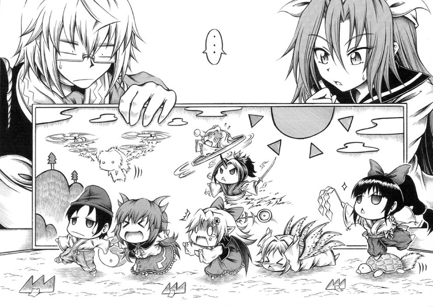 hakurei reimu, morichika rinnosuke, mima, konngara, sariel, and 5 more (touhou and 1 more) drawn by hidefu_kitayan