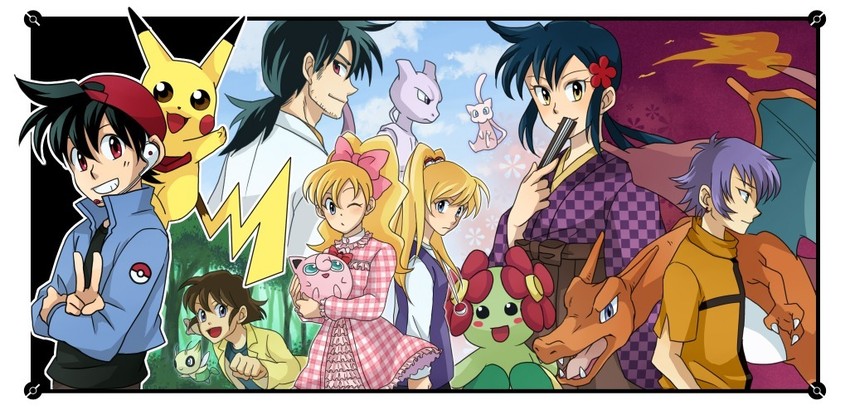 pikachu, ash ketchum, charizard, jigglypuff, mew, and 6 more (pokemon and 1 more) drawn by sewenan