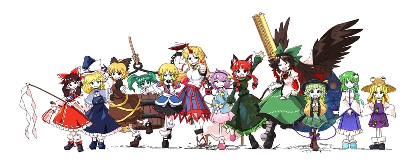 hakurei reimu, kirisame marisa, komeiji koishi, kochiya sanae, komeiji satori, and 8 more (touhou and 1 more) drawn by yoiy_san