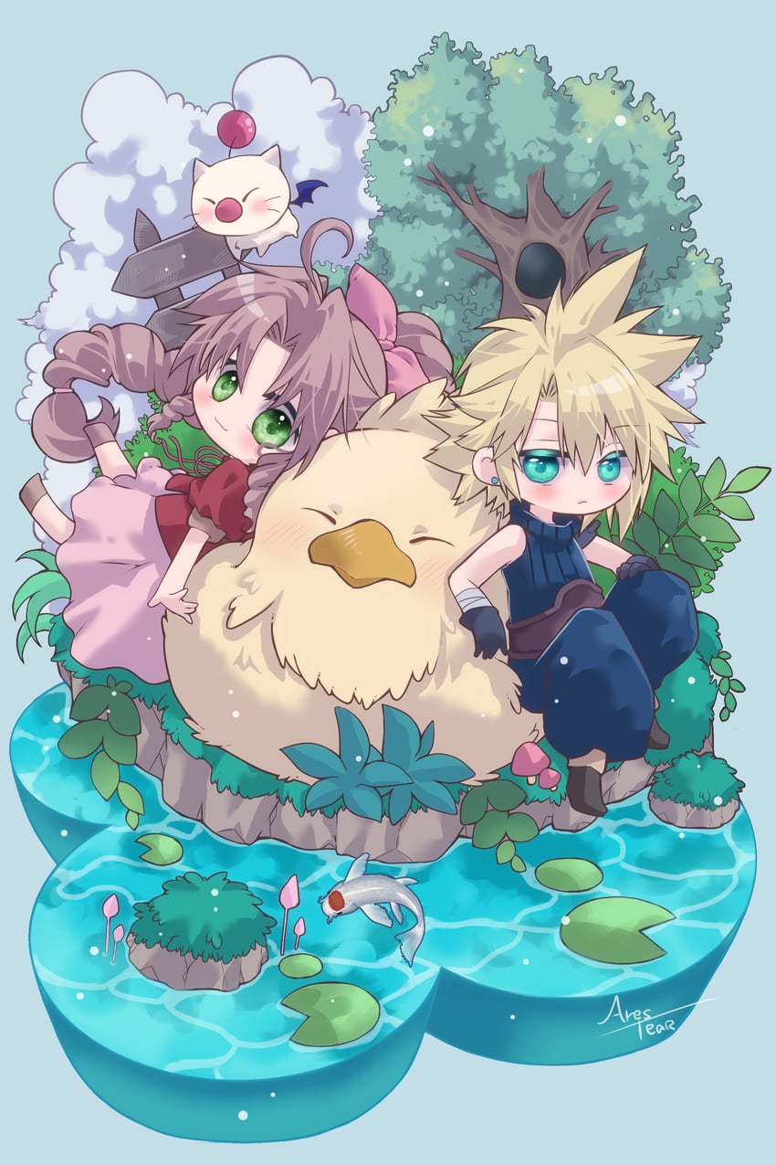 cloud strife, aerith gainsborough, moogle, and fat chocobo (final fantasy and 2 more) drawn by arestear0701