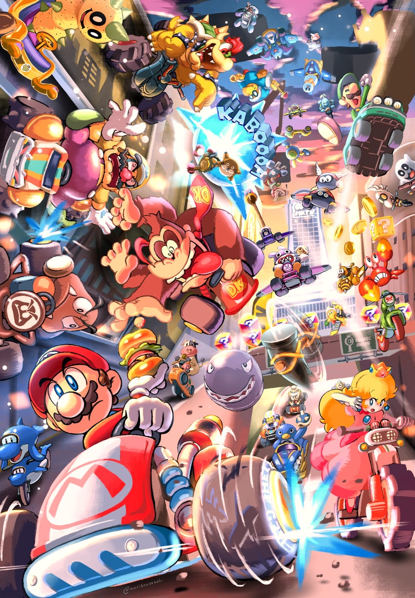 princess peach, mario, luigi, bowser, wario, and 27 more (mario and 2 more) drawn by maribou_(supermaribou)
