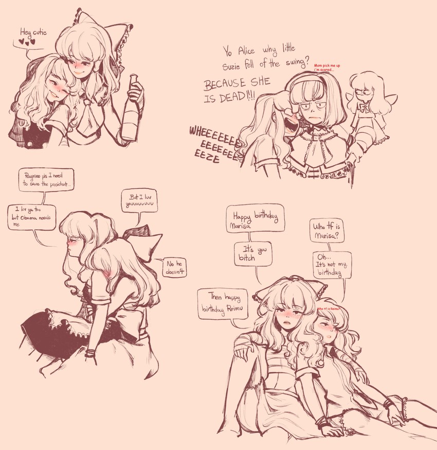 hakurei reimu, kirisame marisa, alice margatroid, and shanghai doll (touhou) drawn by pixie_(milkywaypixies)