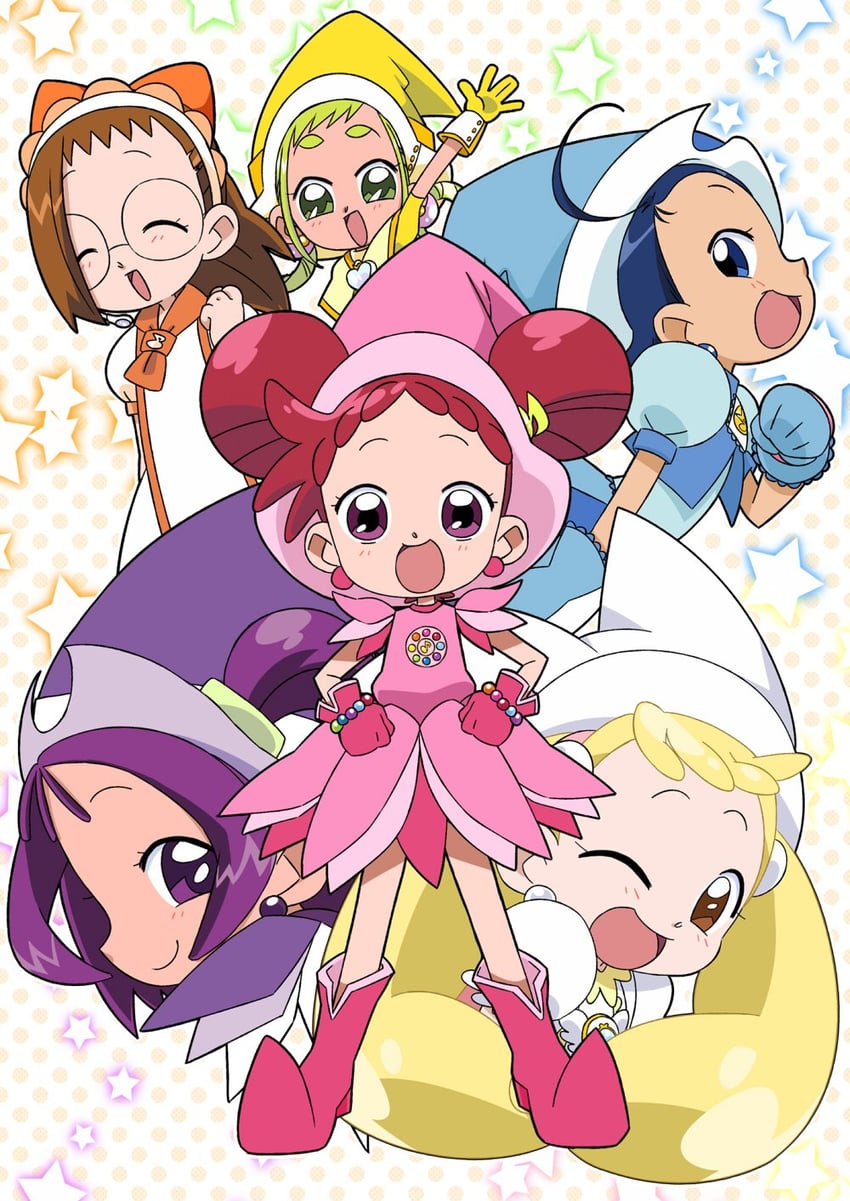 harukaze doremi, segawa onpu, fujiwara hazuki, senoo aiko, makihatayama hana, and 1 more (ojamajo doremi) drawn by rapisu