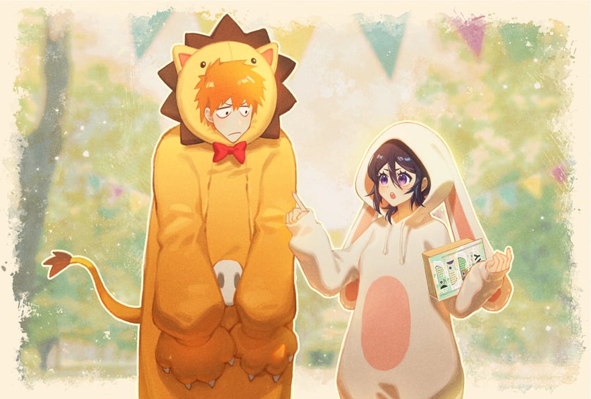 kuchiki rukia, kurosaki ichigo, and kon (bleach) drawn by takenokoqvq