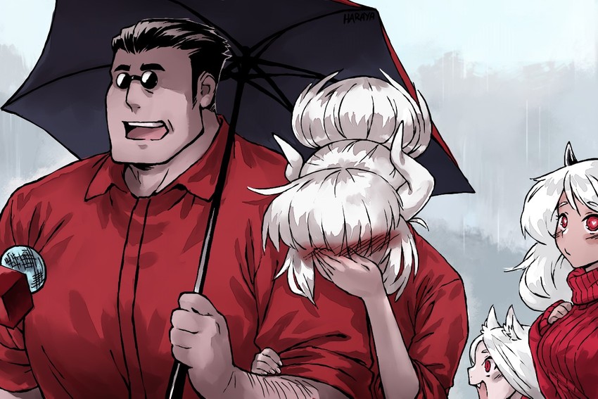 lucifer, modeus, helltaker, and cerberus (helltaker) drawn by haraya_manawari