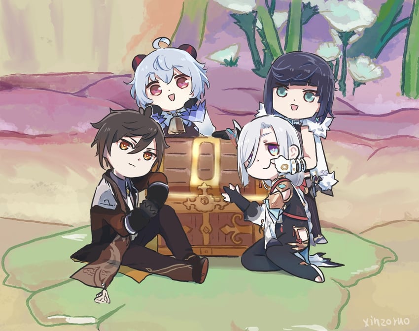 ganyu, zhongli, shenhe, and yelan (genshin impact) drawn by xinzoruo