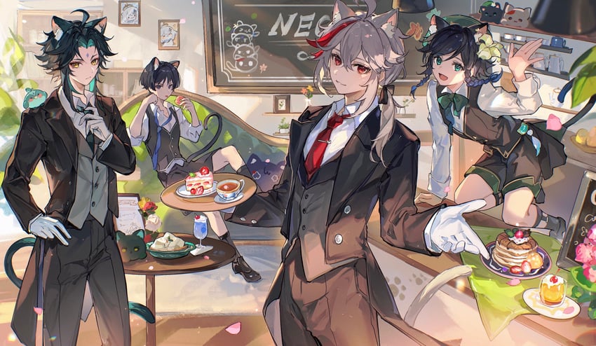 venti, xiao, kaedehara kazuha, and scaramouche (genshin impact) drawn by etiv
