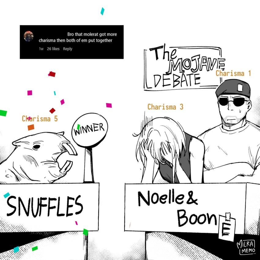 courier, noelle rutherford, craig boone, and snuffles (fallout and 1 more) drawn by milramemo