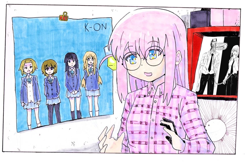 gotoh hitori, akiyama mio, hirasawa yui, makima, tainaka ritsu, and 3 more (chainsaw man and 7 more) drawn by psicochurroz
