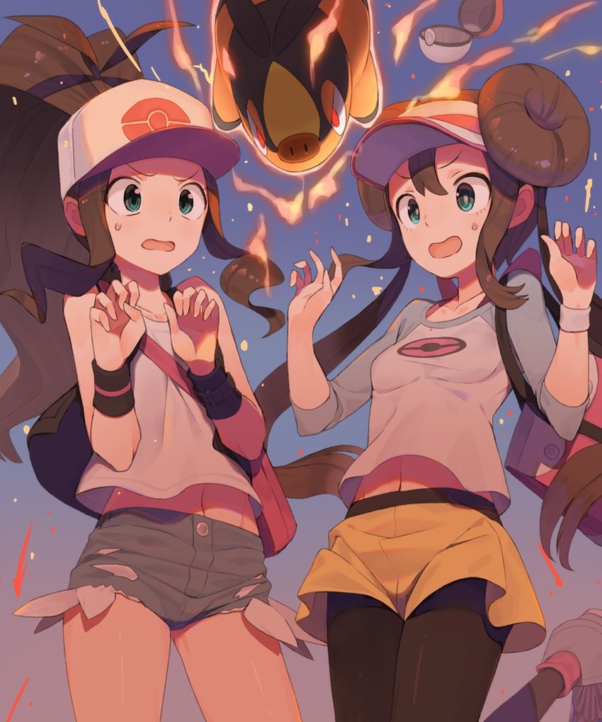 rosa, hilda, and tepig (pokemon and 2 more) drawn by tomioka_jirou